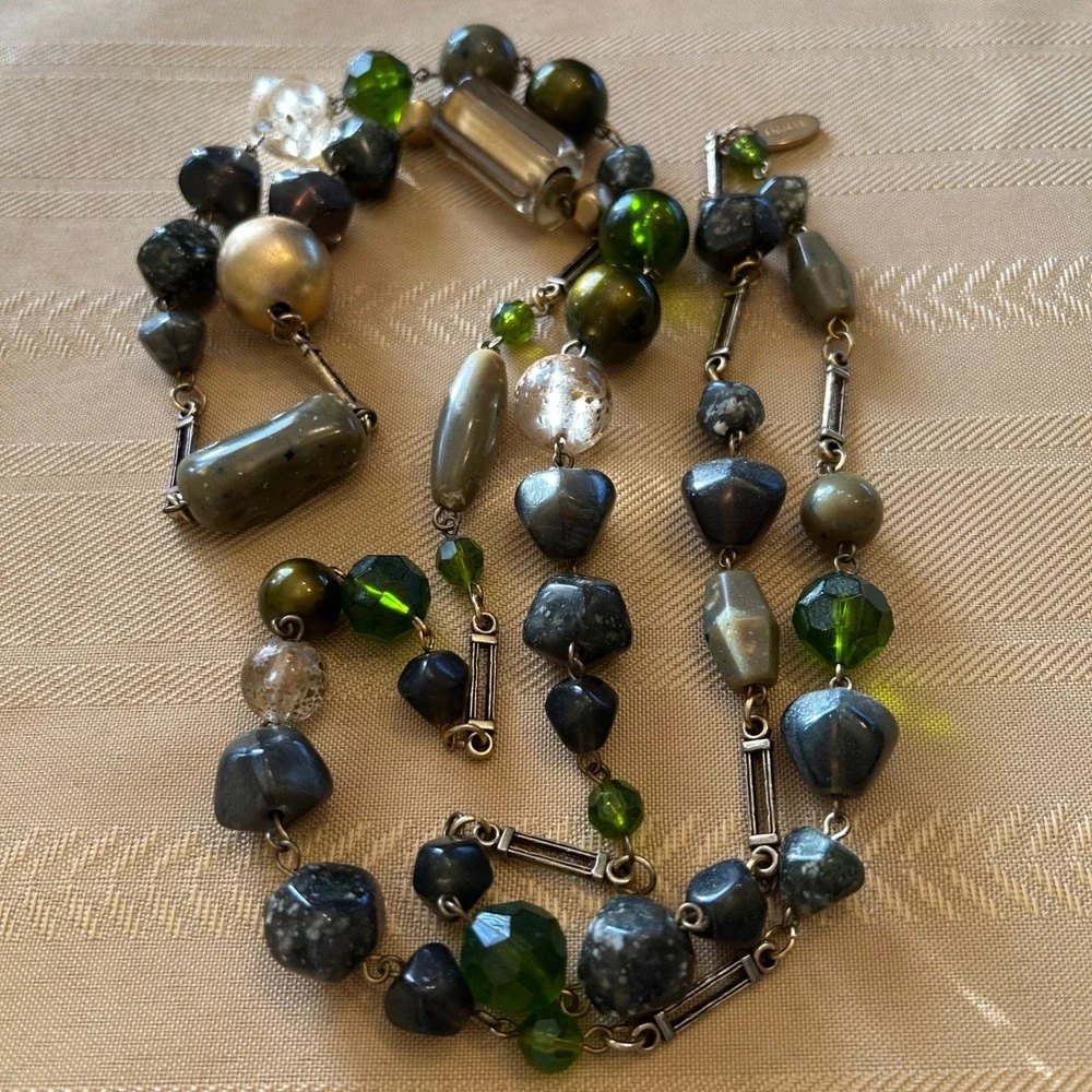 Express Vintage Italy Handmade Long Beaded‎ Necklace 90's Green Gold Earth Tones